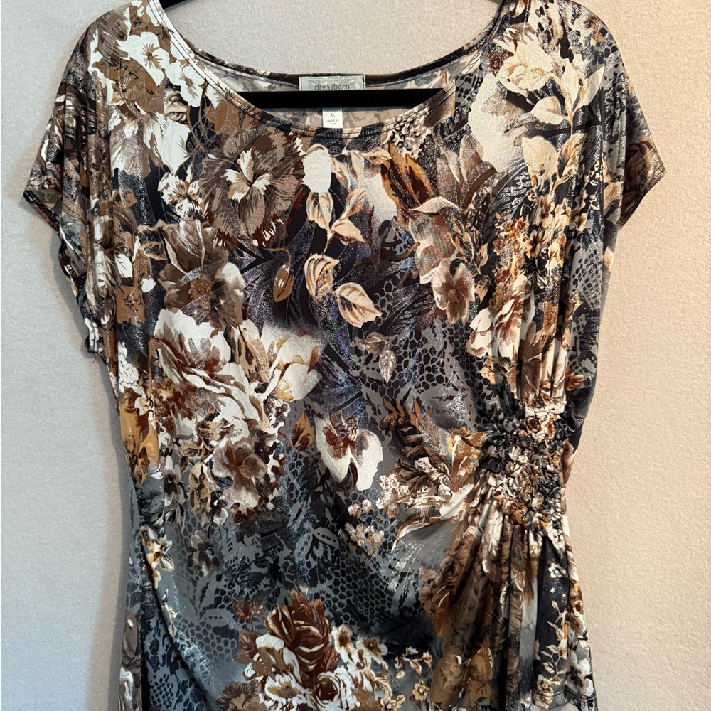 Dressbarn Brown and Black Ruched Floral Blouse XL